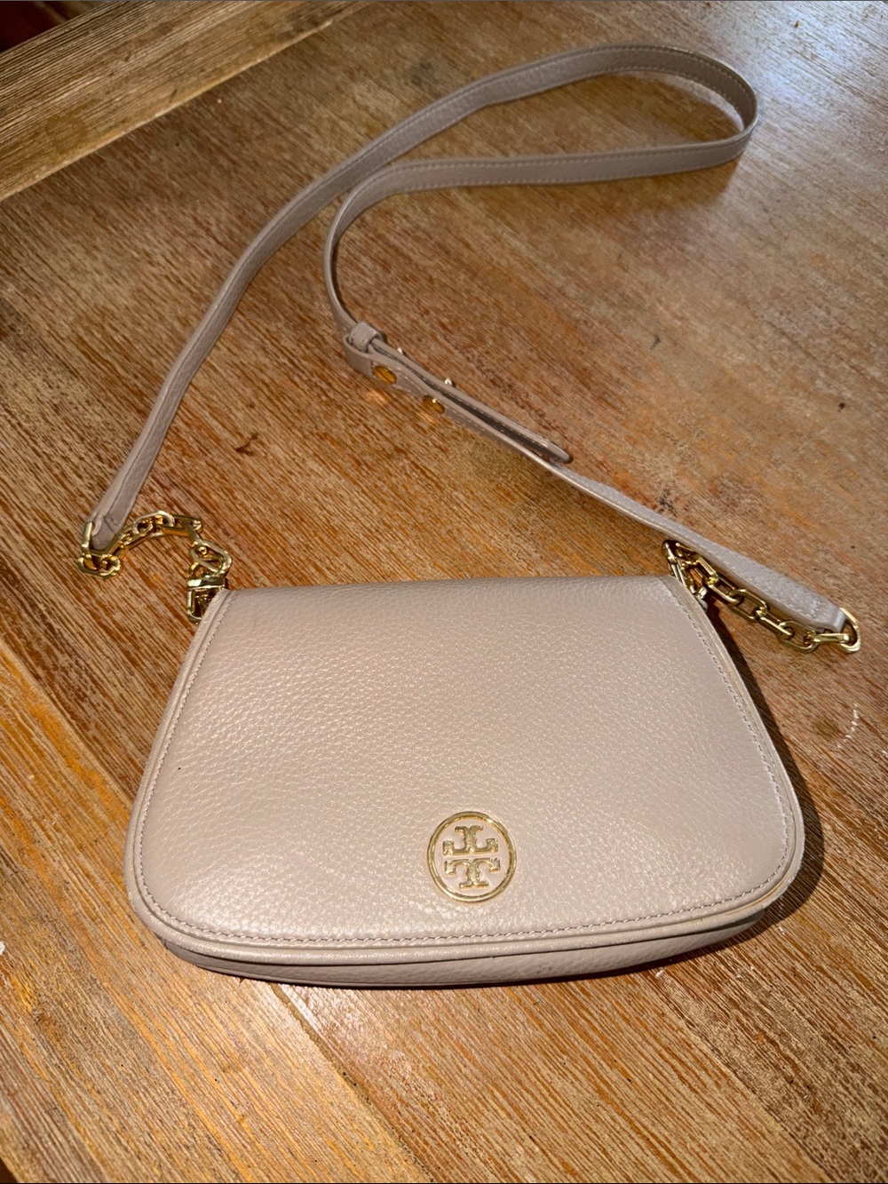 Tory Burch Light Cream Pebbled Leather Crossbody with Gold Hardware